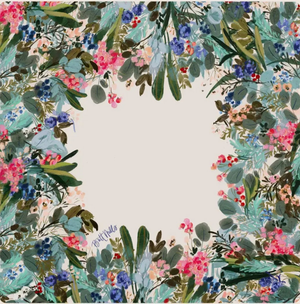 Cream Mahjong mat with an open center framed by green foliage and pink, blue, and coral flowers