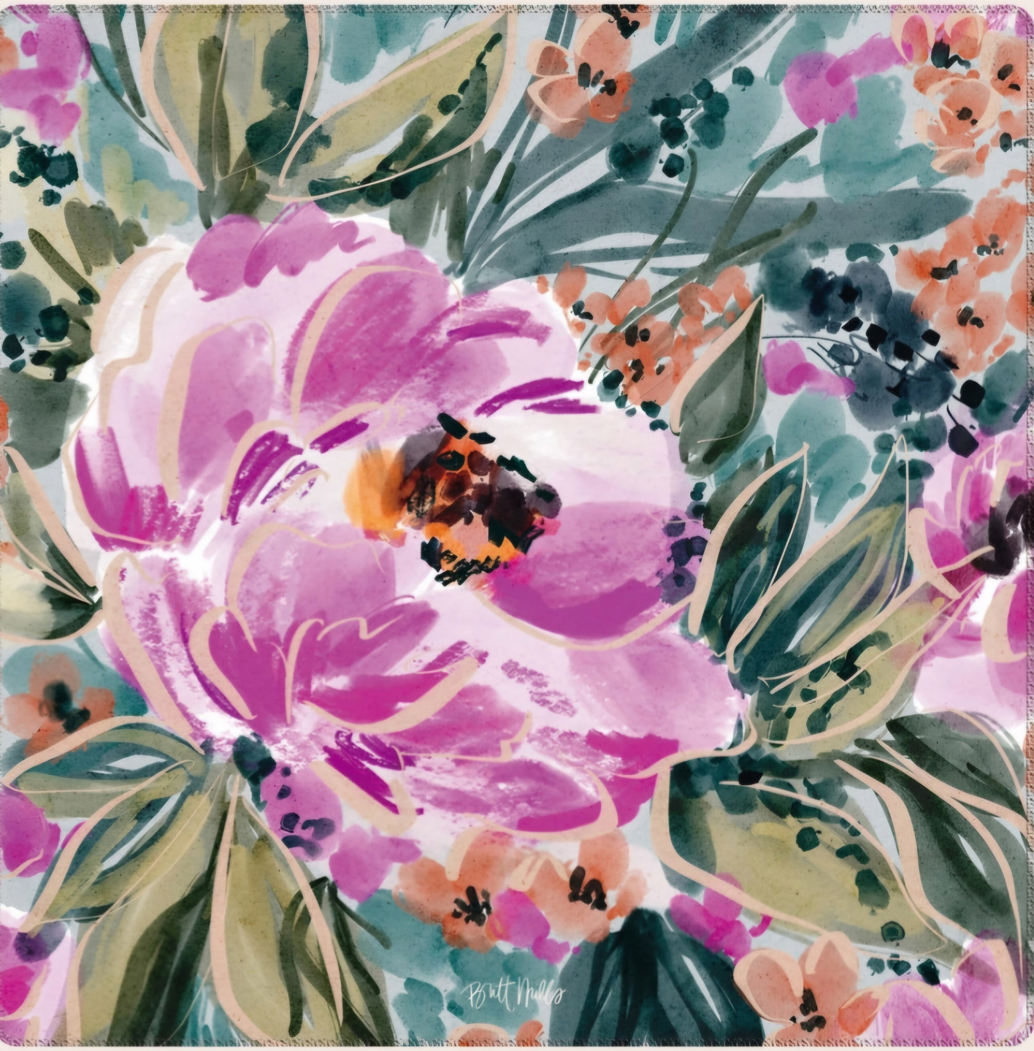 Watercolor Mahjong mat covered with oversized pink peonies, green leaves, and small coral flowers