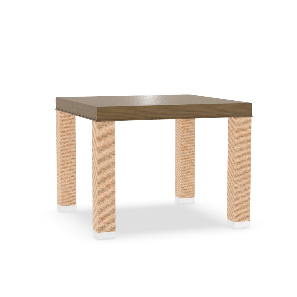 Square game table with a warm wood top and natural fiber-wrapped legs