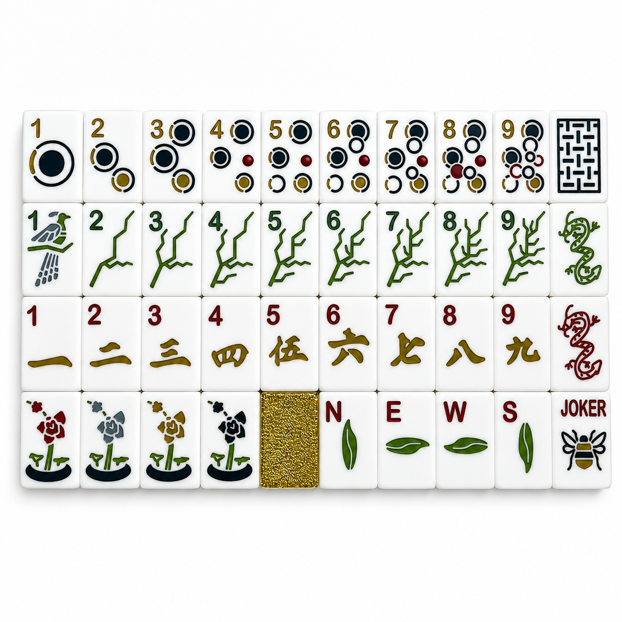 Botanical Mahjong tile set with gold, green, navy, and red details