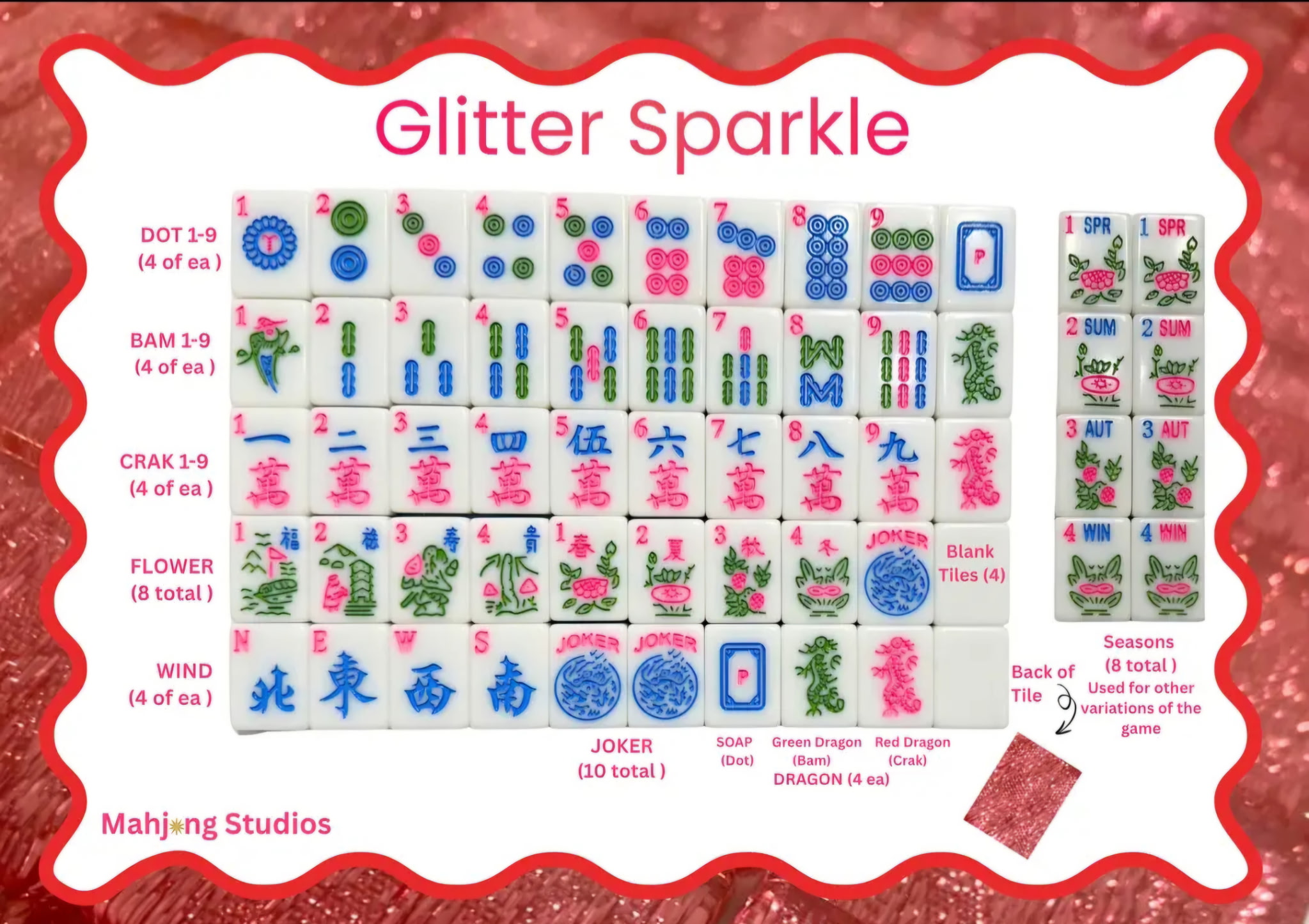 Full pink glitter Mahjong tile collection arranged by suit, flowers, winds, dragons, and jokers